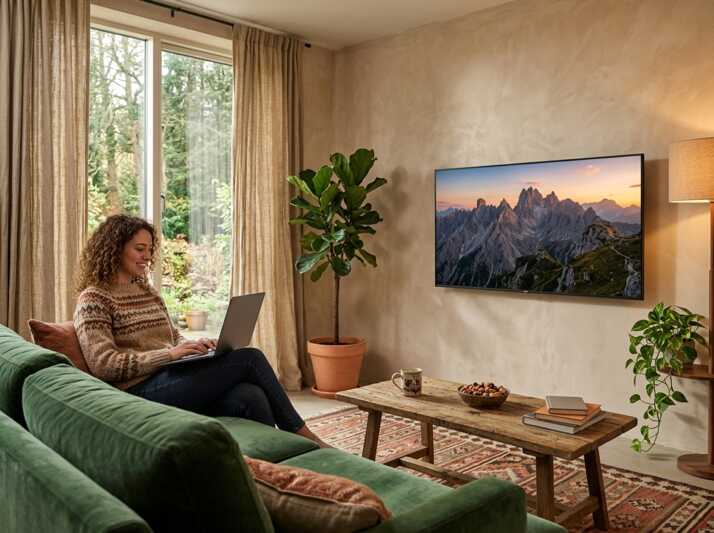 Une femme assise sur un canapé vert utilise un ordinateur portable dans un salon avec une télévision murale.