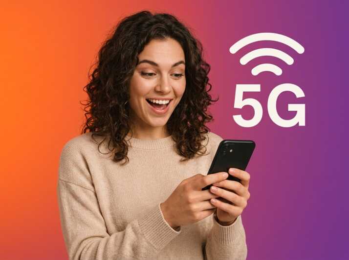 Une femme regarde un smartphone avec le logo 5G sur un fond dégradé orange et violet.