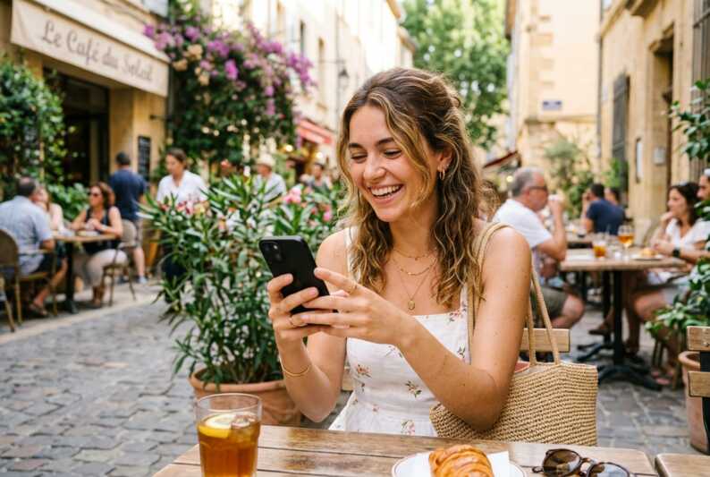 Jeune femme souriante regardant son smartphone en tenue estivale.