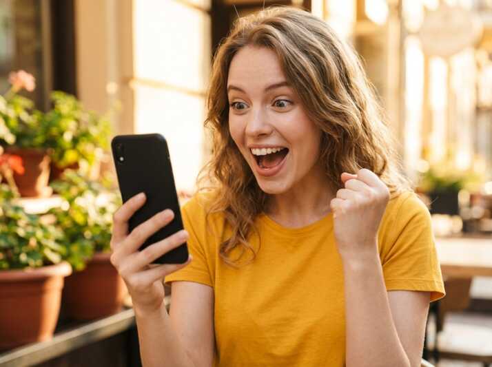 Femme européenne en t-shirt jaune tenant un smartphone écran éteint en extérieur.