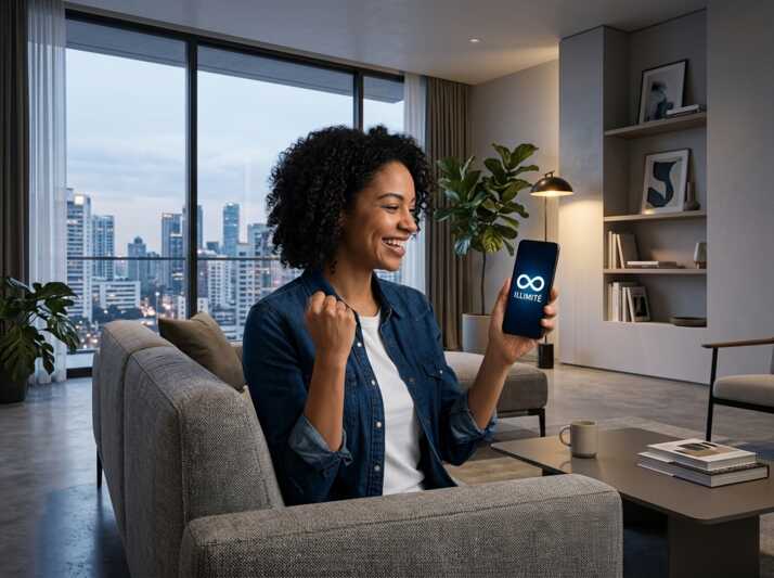 Une femme assise sur un canapé regarde un smartphone affichant le logo Illimité avec une vue sur une ville.