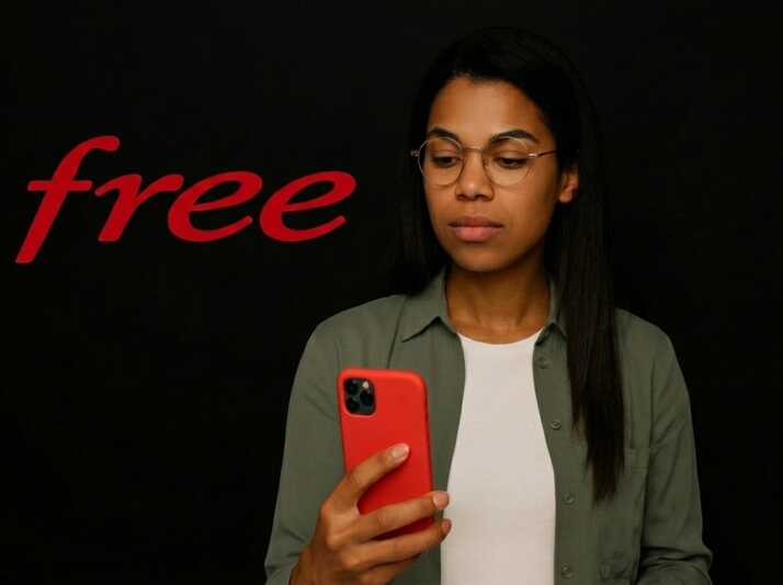 Une femme portant des lunettes regarde un smartphone rouge devant le logo Free sur fond noir.