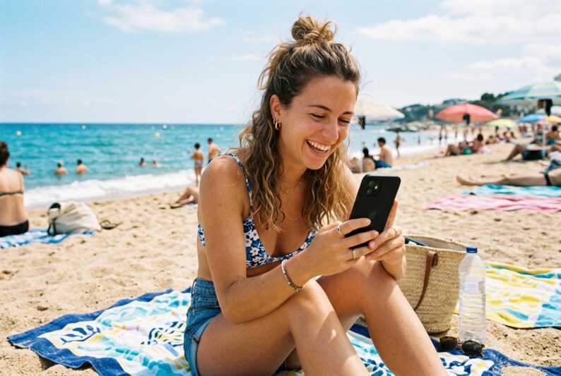 Jeune femme souriante regardant son smartphone sur une plage en été.