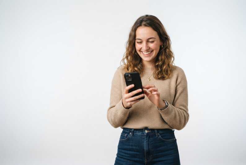 Jeune femme souriante utilisant un smartphone noir sur fond blanc.