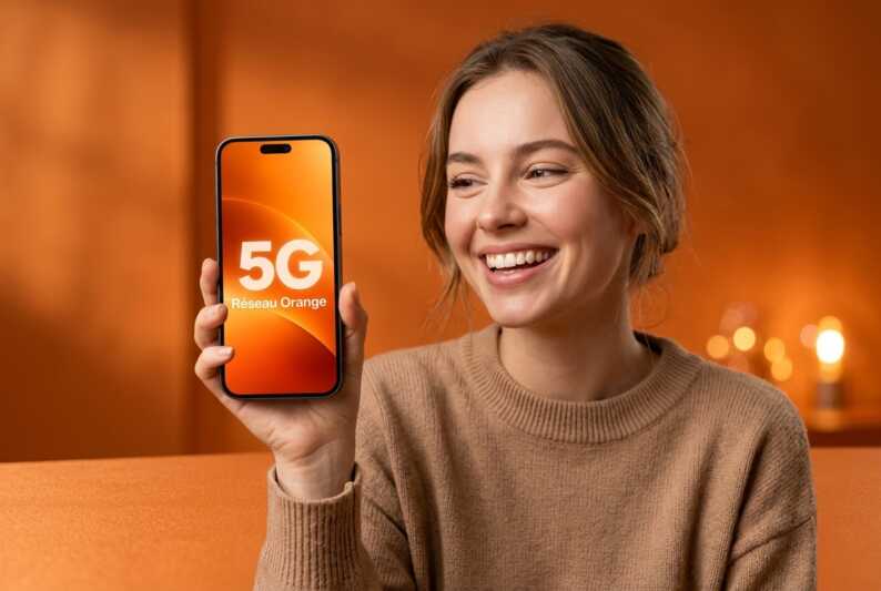Jeune femme tenant un smartphone affichant 5G Réseau Orange sur l'écran.