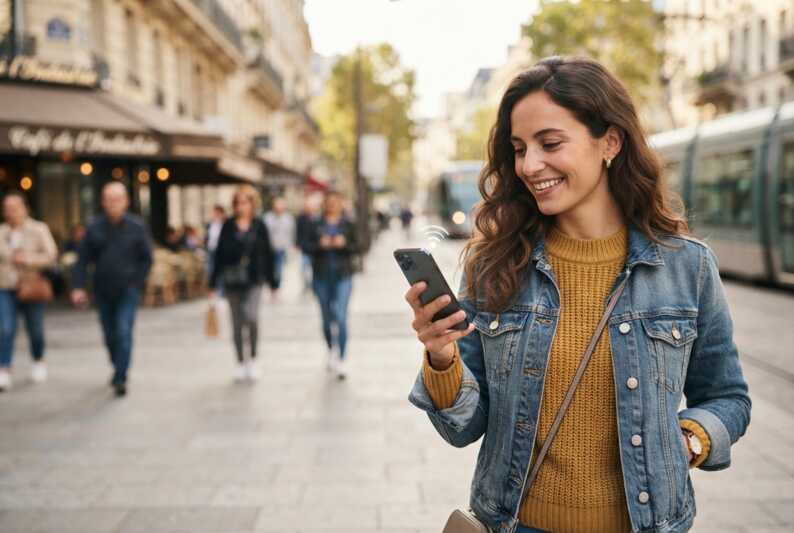 Une femme sourit en utilisant un smartphone dans une rue urbaine lumineuse.