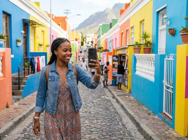 Une femme prend une photo avec un smartphone blanc dans une rue aux maisons colorées.
