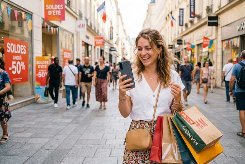 Jeune femme souriante tenant un smartphone, dos de l'appareil visible, lors des soldes d'été.