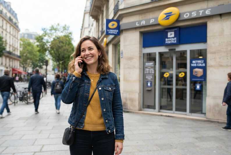 Femme souriante au téléphone debout devant une agence La Poste.