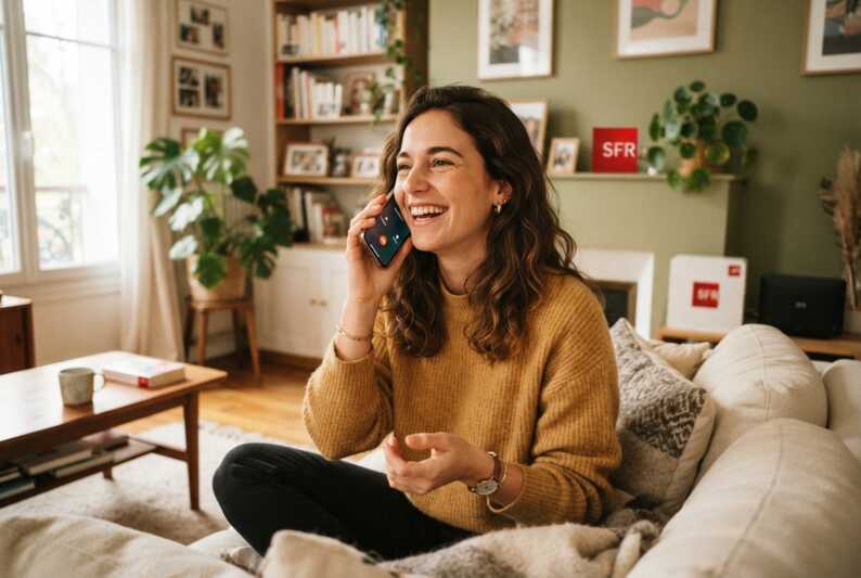 Une femme sourit en téléphonant dans un salon avec le logo SFR visible.
