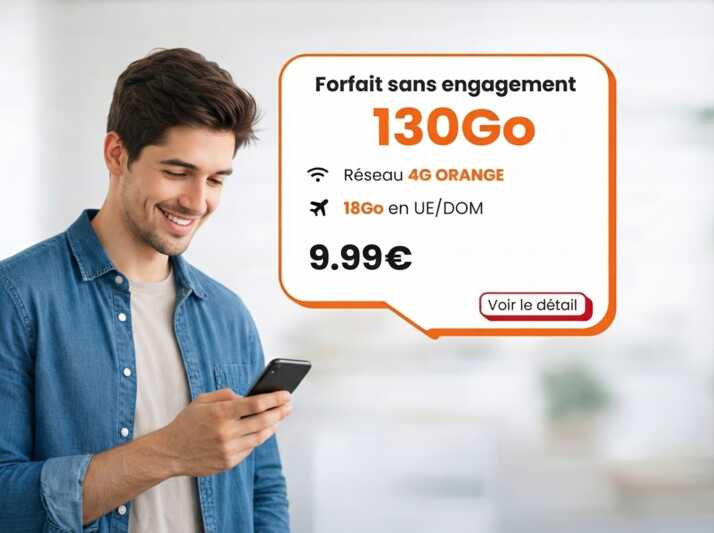 Forfait mobile sans engagement 130Go, réseau 4G Orange, 18Go en UE et DOM, prix 9,99 euros.