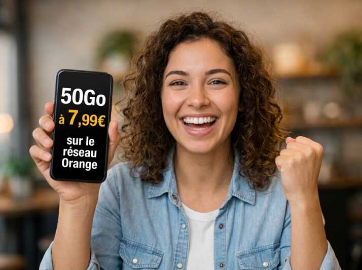 Personne tenant un smartphone affichant un forfait 50Go à 7,99€ sur le réseau Orange.
