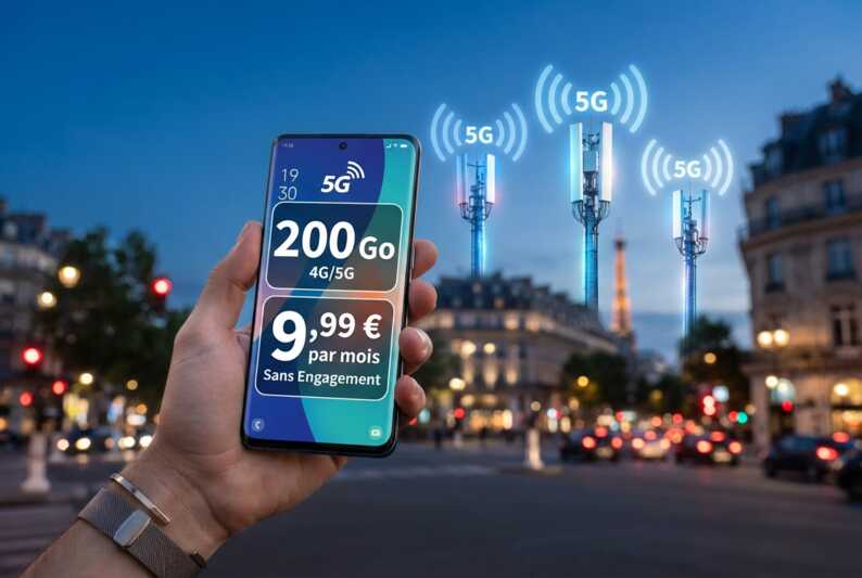Smartphone moderne, compteur 200 Go, prix 9,99 € et trois antennes symbolisant les réseaux mobiles.