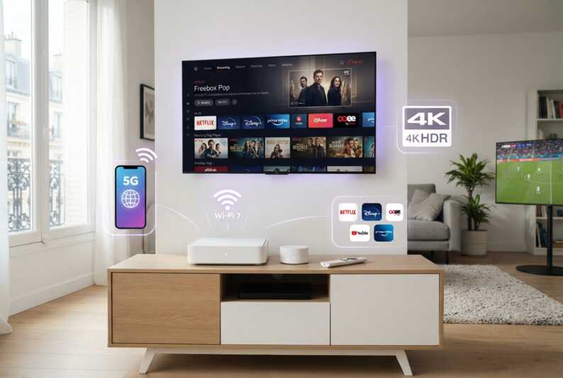 Freebox Pop sur un meuble TV entourée d'icônes illustrant la 5G, le Wi-Fi 7, la 4K et le streaming.