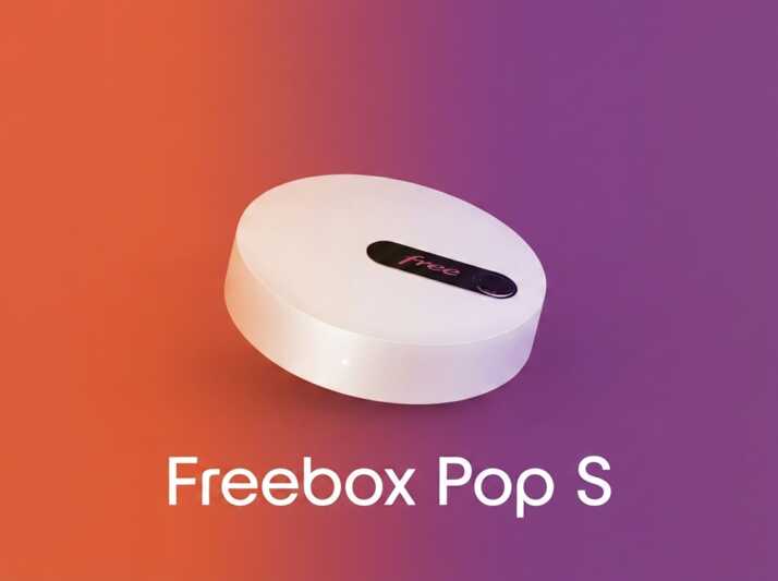 Un boîtier Freebox Pop S sur fond dégradé de #e96443 vers #904e95.