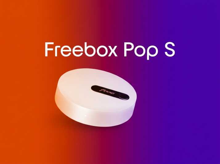 Boîtier Freebox Pop S sur fond dégradé orange et violet.