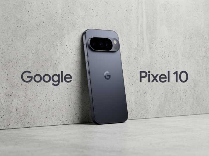 Smartphone Google Pixel 10 posé contre un mur en béton.