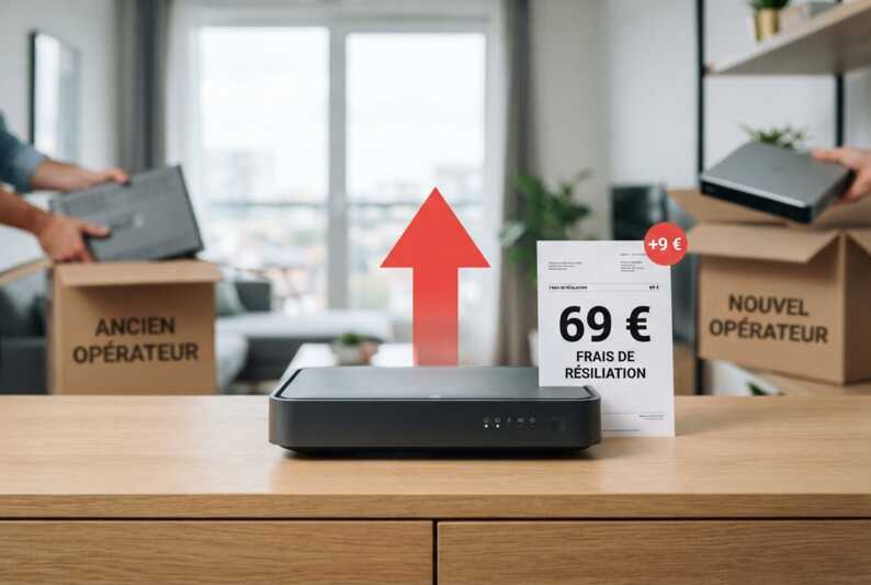 Livebox au centre avec une flèche montante, une facture de 69 euros et une mention +9 euros symbolisant la hausse des frais.
