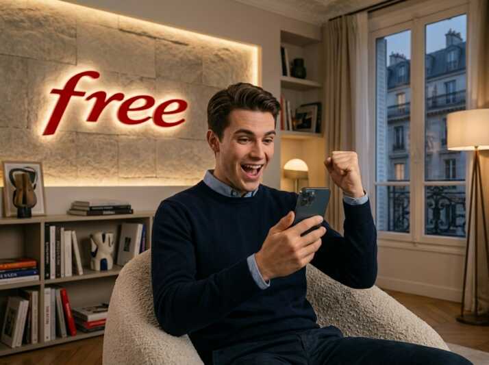 Un homme assis dans un fauteuil regarde son smartphone avec enthousiasme devant un logo Free mural.
