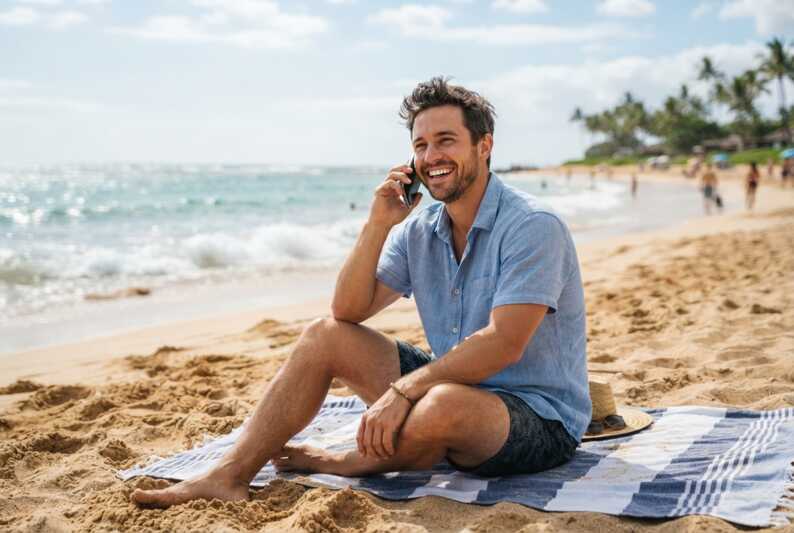 Homme souriant tenant un smartphone à l'oreille, assis sur une plage.