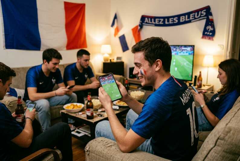 Un jeune homme regarde un match de football France-Norvège sur son smartphone dans son salon.
