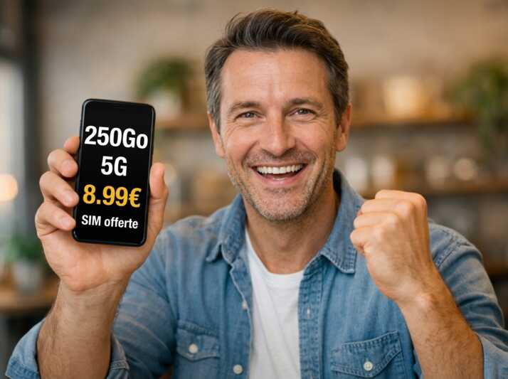 Homme présentant un smartphone affichant un forfait mobile 250Go 5G à 8,99€ avec carte SIM offerte.