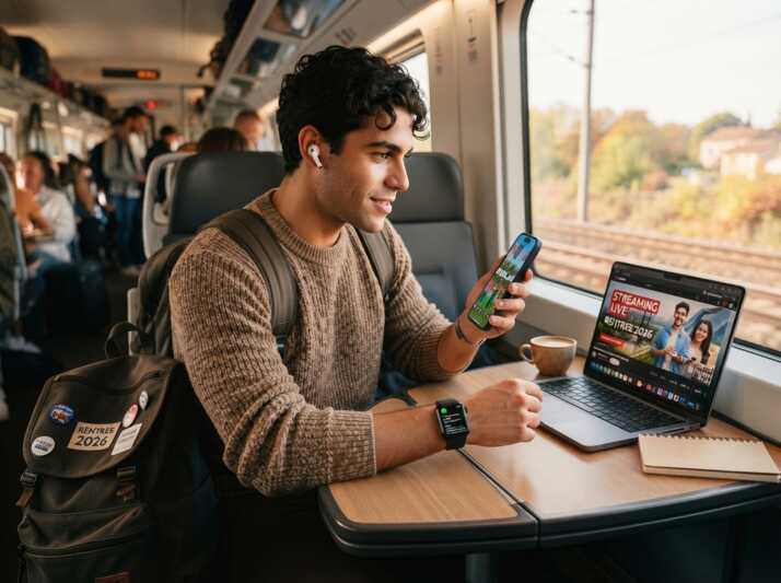 Un homme assis dans un train regarde son smartphone et l'écran de son ordinateur portable.