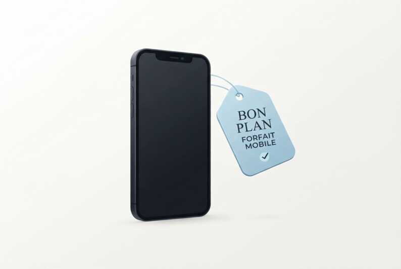 Smartphone avec une étiquette de prix et une icône de validation sur fond clair.