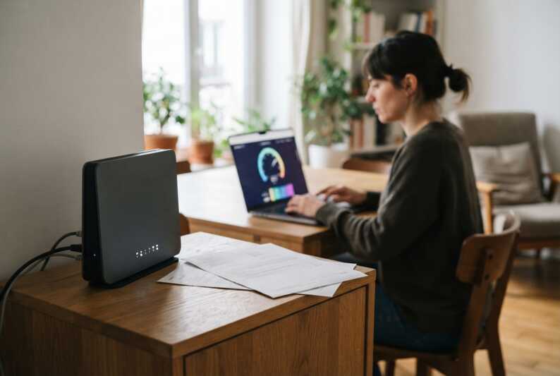 Routeur Wi-Fi, documents administratifs et personne consultant un test de débit sur ordinateur dans un appartement.