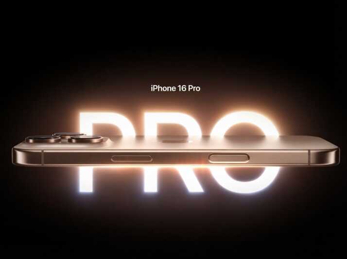 Vue latérale d'un iPhone 16 Pro devant le mot PRO écrit en lettres lumineuses sur fond noir.