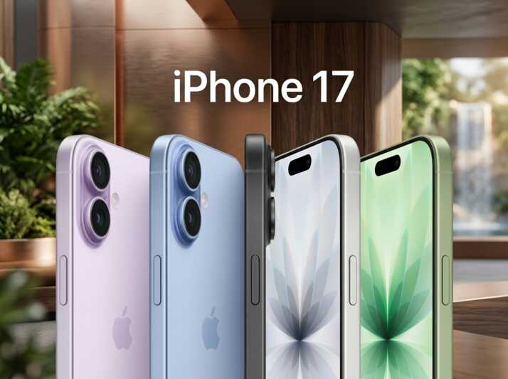 Cinq smartphones iPhone 17 de couleurs différentes alignés devant un fond flou.