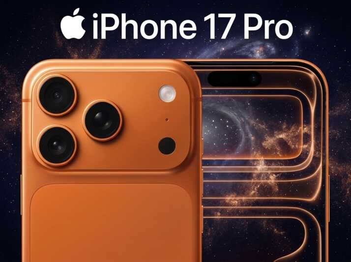 Vue arrière et avant d'un iPhone 17 Pro de couleur orange sur un fond représentant une galaxie.