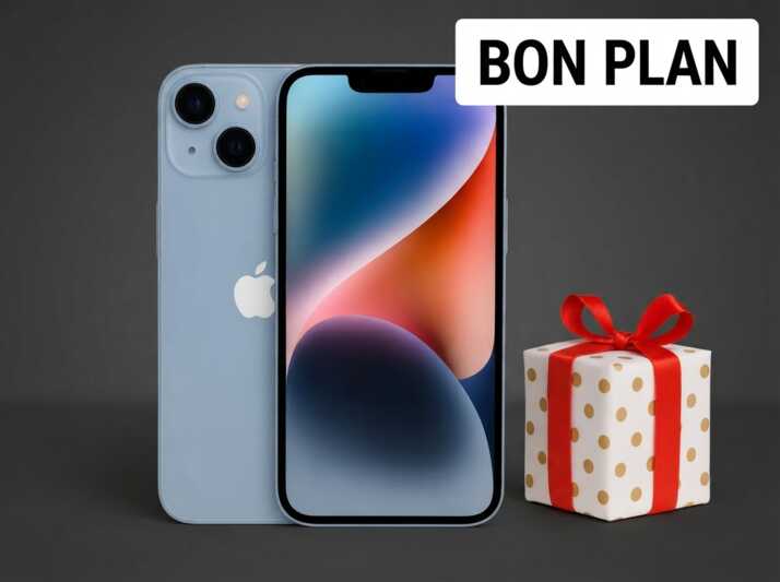 iPhone bleu avec un petit cadeau à côté et l'inscription Bon Plan sur fond gris.