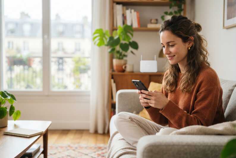 Jeune adulte utilisant un smartphone dans un appartement lumineux avec un routeur Wi-Fi en arrière-plan.