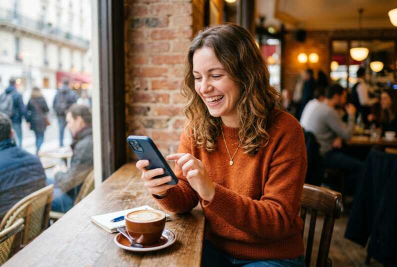 Une jeune femme sourit en regardant son smartphone.