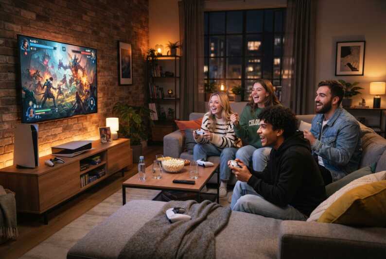 Des jeunes jouent à un jeu vidéo sur une console dans un salon.