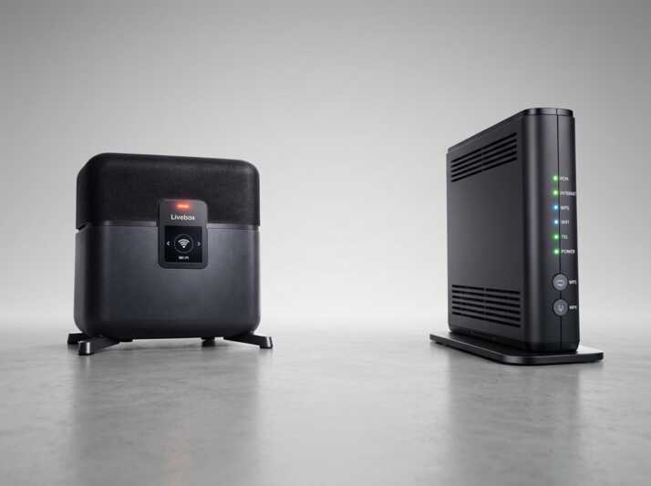Une Livebox et un boîtier ONT Orange posés sur une surface grise avec un fond neutre.