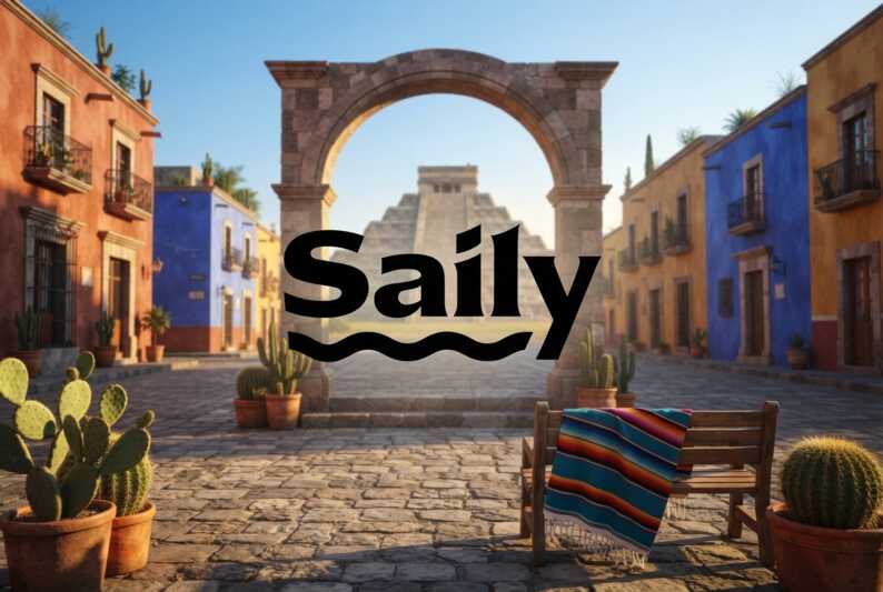 Logo Saily sur un fond aux couleurs et motifs du drapeau mexicain.