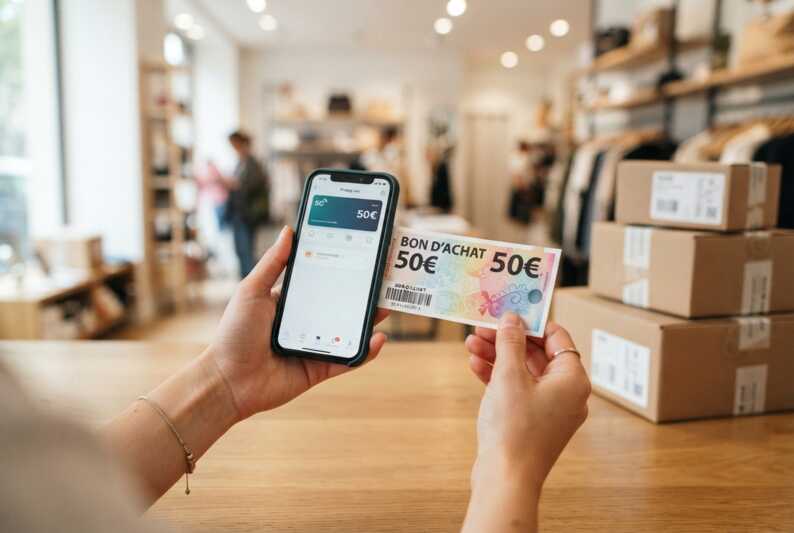 Une main tient un smartphone 5G et un bon d'achat de 50 euros devant des colis.