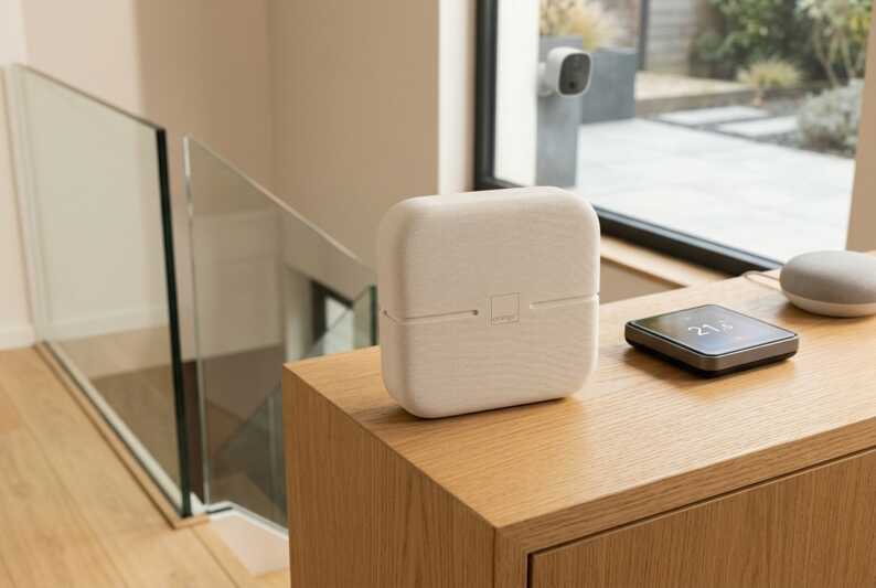 Gros plan d'une maison connectée avec domotique visible à l'étage.