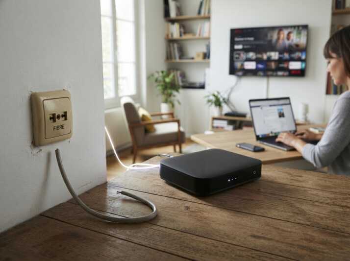 Modem noir sans logo relié à une prise fibre murale sur une table en bois, avec une personne travaillant en arrière-plan.