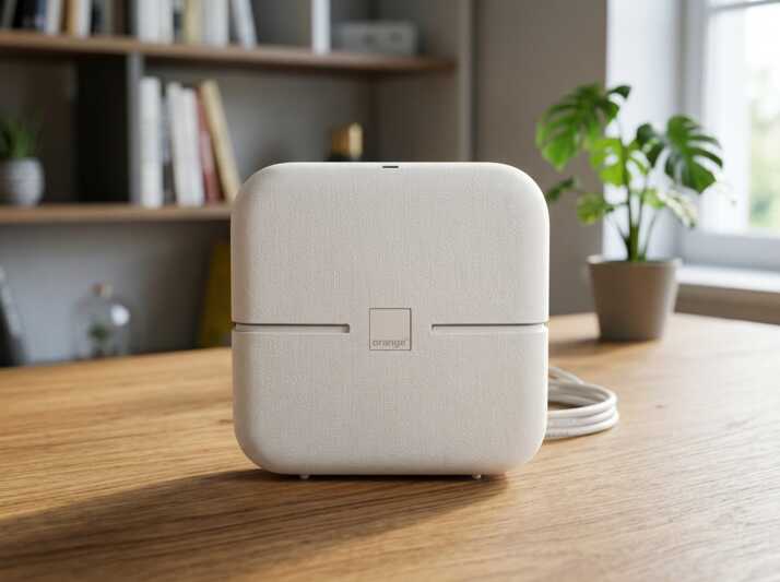 Modem Livebox Orange posé sur une table en bois devant une étagère et une plante.