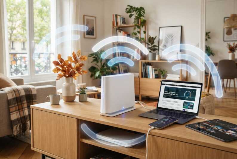 Box internet blanche avec ondes Wi-Fi, entourée d'un smartphone, d'une tablette et d'un ordinateur dans un salon.