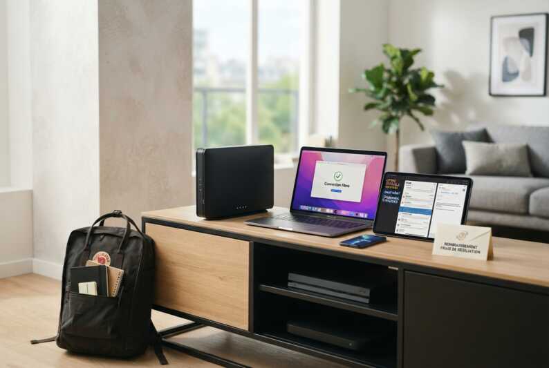Box fibre, appareils connectés et fournitures scolaires sur un meuble TV avec une étiquette de promotion et une enveloppe.