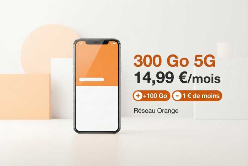 Smartphone affichant 300 Go 5G à 14,99 €/mois avec offre promotionnelle et mention réseau Orange sur fond clair.
