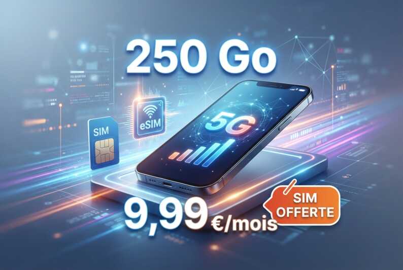 Smartphone affichant 5G, 250 Go, 9,99 €/mois et badge SIM offerte avec cartes SIM et eSIM sur fond technologique.