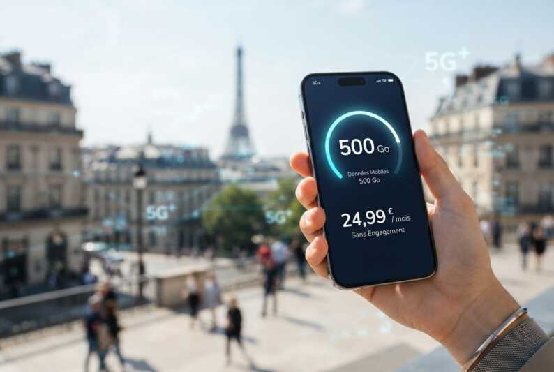 Smartphone affichant une connexion 5G, un compteur de 500 Go et le tarif de 24,99 euros par mois.