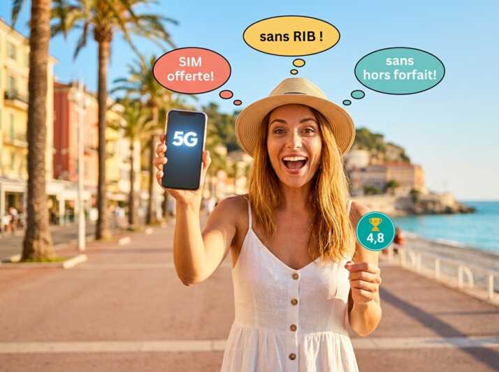 Femme présentant un smartphone 5G avec des bulles de texte sur les avantages de l'offre mobile.