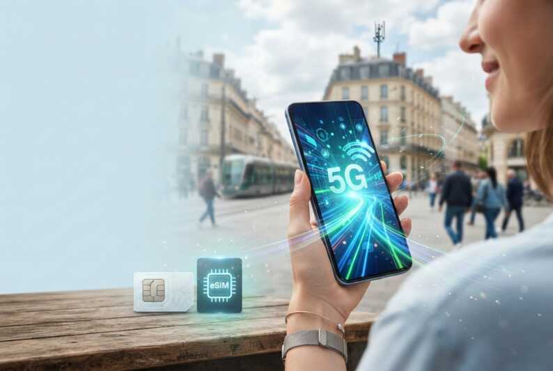 Smartphone affichant une interface de données 5G avec carte SIM et eSIM dans un environnement urbain.