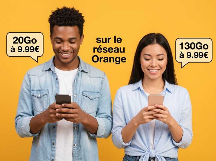 Deux personnes utilisent leur smartphone avec des offres mobiles 20Go et 130Go à 9,99€ sur le réseau Orange.